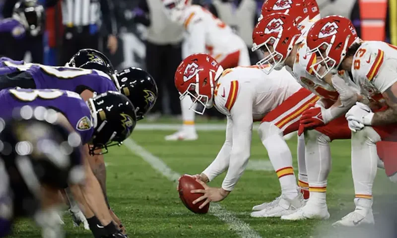 The Kansas City Chiefs offense lines up against the against the Baltimore Ravens defense during the third quarter in the AFC Championship football game at M&T Bank Stadium. Mandatory Credit: Geoff Burke-USA TODAY Sports