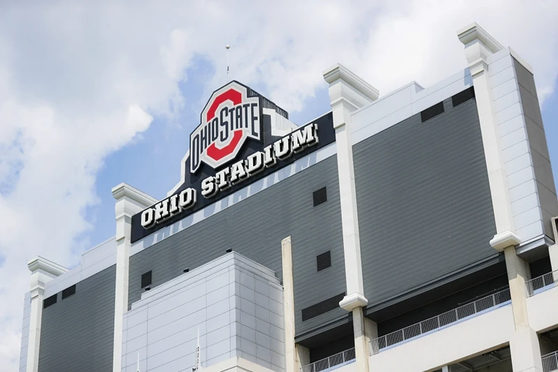 Clouds pass above The Ohio State University’s football stadium, May 18, 2019, in Columbus, Ohio. A woman who fell from the stands to her death during a graduation ceremony at Ohio State University last weekend has been identified as a Georgia resident, authorities announced Tuesday, May 7, 2024. (AP Photo/John Minchillo, file)
