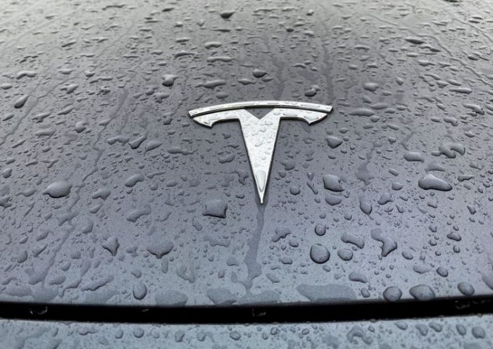A view shows the Tesla logo on the hood of a car in Oslo